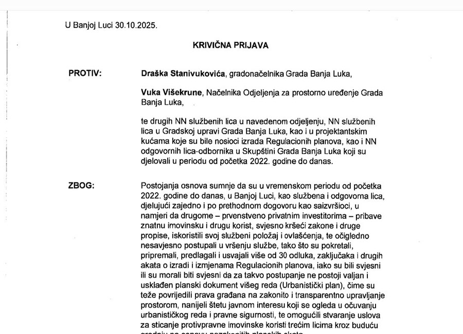 Podnesena krivična prijava protiv gradonačelnika Banjaluke, odbornika i odgovornih lica u GU